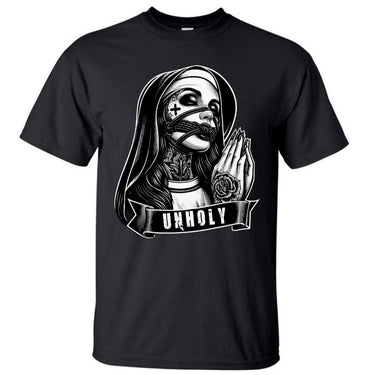 Black t-shirt with a graphic design of a nun with tattoos and 'UHOLY' text on a white background